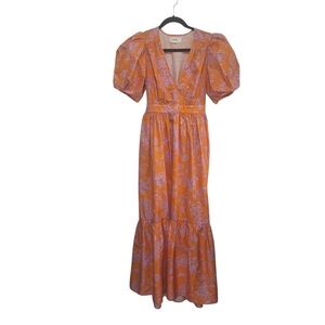 Xirena Larkyn Cotton Orange & Pink Cotton Poplin Puffed Sleeve Midi Dress, Sz XS